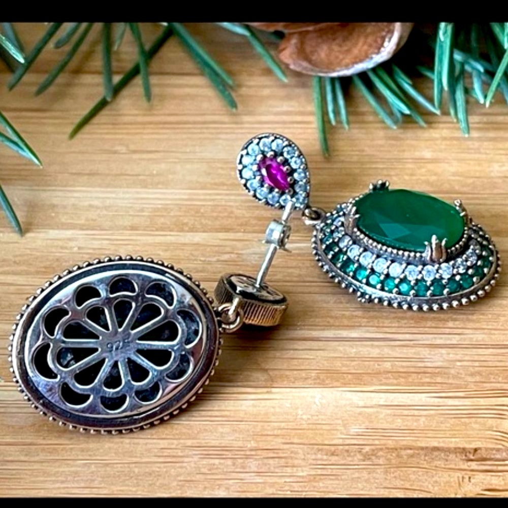 925 Sterling Silver, Emerald &Topaz drop Earrings - Picture 4 of 7
